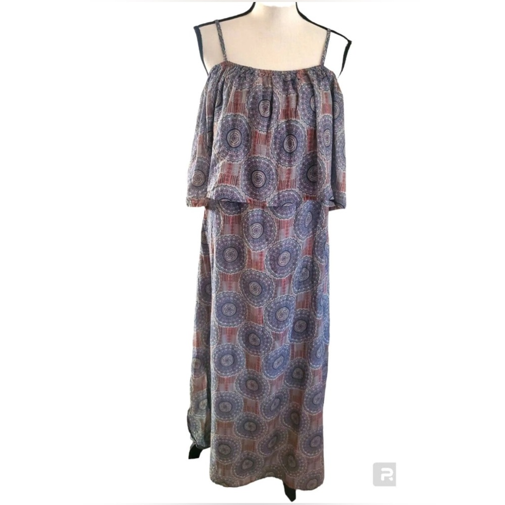 World Market 100% Cotton Gray Mandala Print Sleeveless Ruffled Maxi Dress Sz S/M